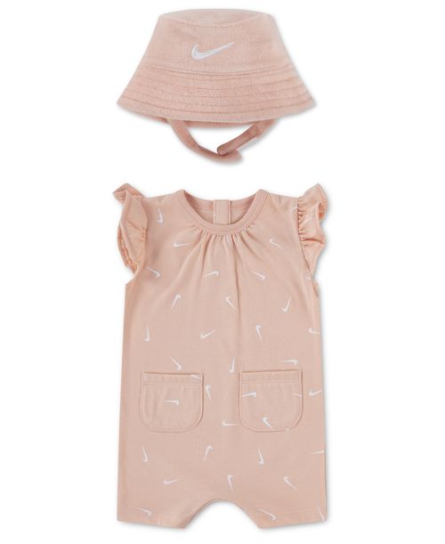 Baby Girls' Flutter Sleeves Romper with Bucket Hat - Light Pink