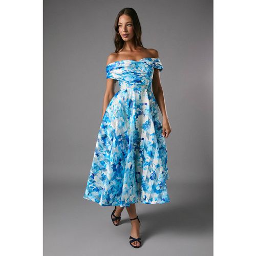 Coast Women's Stripe Organza Pleated Top Floral Print Midi Dress in Blue
