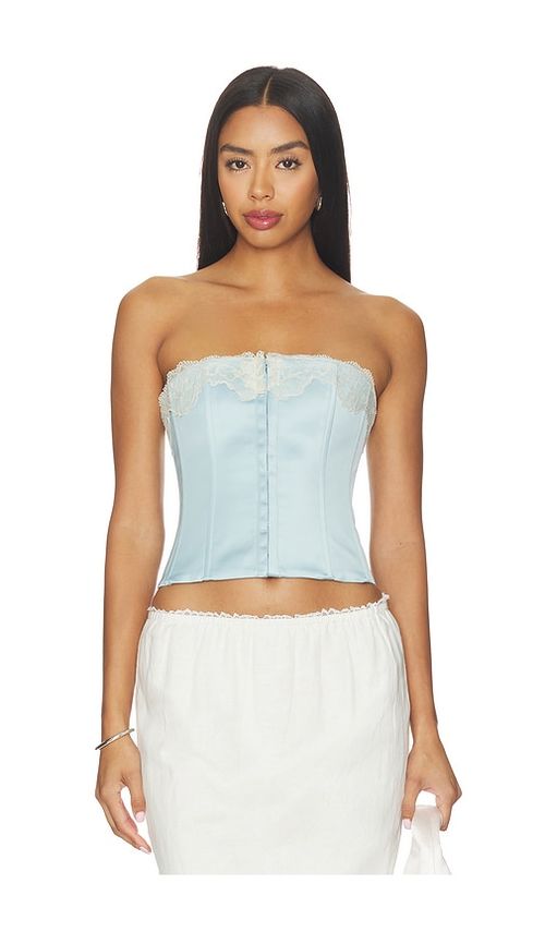 GUIZIO Lace Trim Satin Corset in Baby Blue. XL. Also in