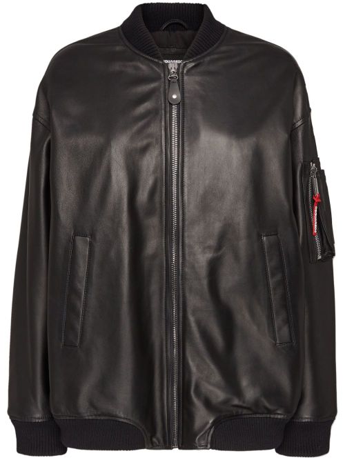Zip-up leather bomber jacket - Black