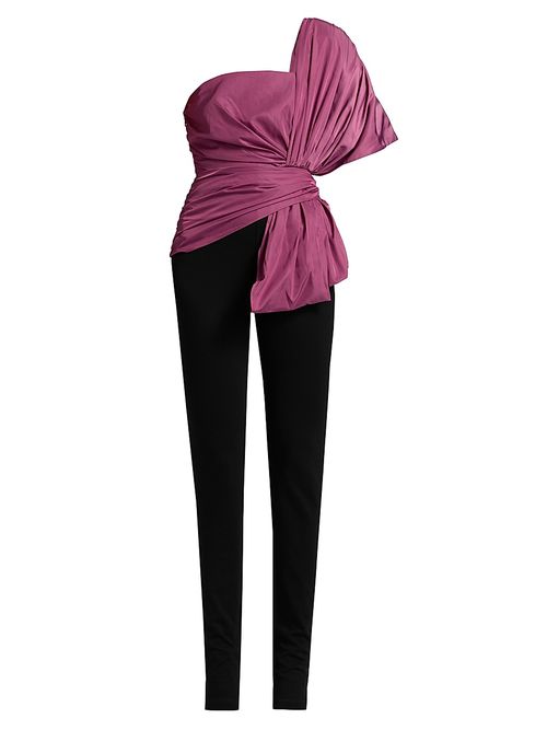 Women's Bow-Detailed Draped One-Shoulder Jumpsuit - Black Red Violet Combo