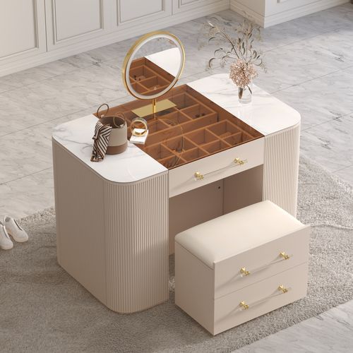 120 cm Tempered Glass Top Closet Island with Mirror & Jewellery Storage Dresser Vanity