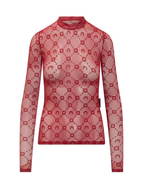 Red Geometric Mock Collar Top
