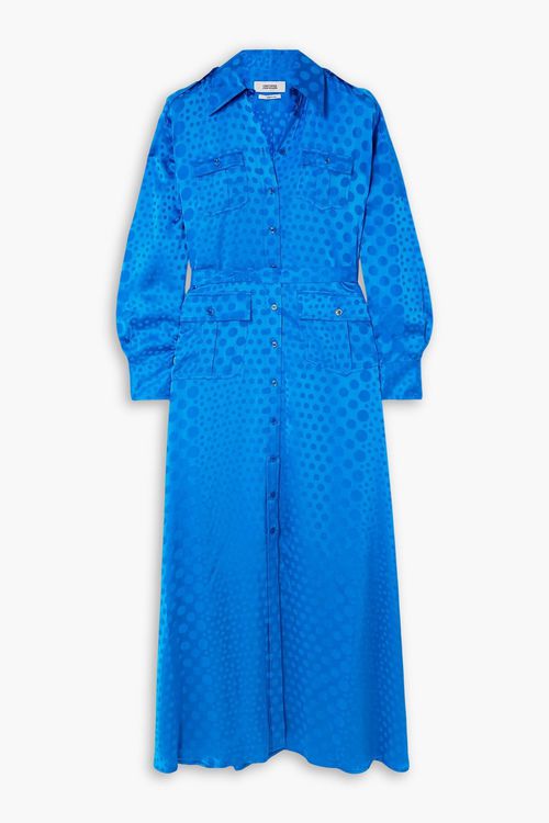 Belted polka-dot satin-jacquard maxi shirt dress - Blue - L