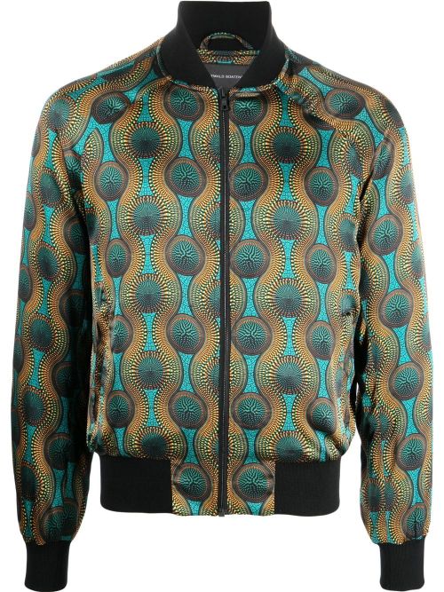 Geometric-Print Silk Jacket — teal