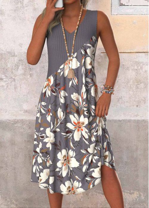 Modlily Dark Grey Patchwork Floral Print A Line Sleeveless Dre