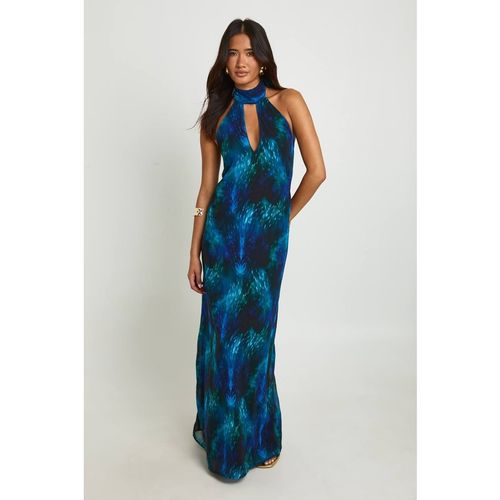 Boohoo Women's Abstract Print High Neck Pleated Maxi Dress in Cobalt