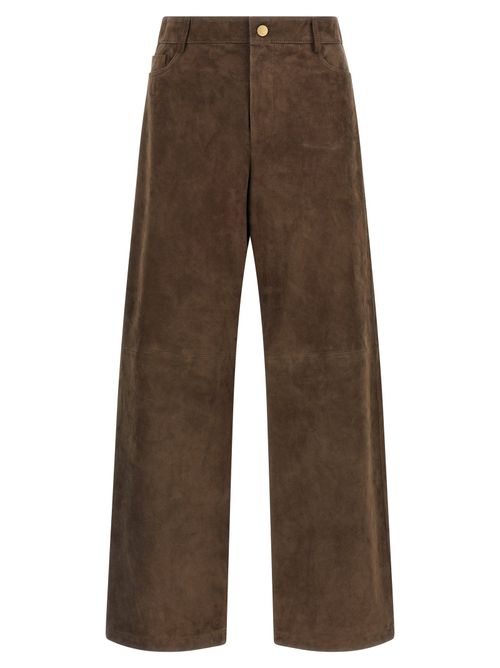 Suede Panel-Construction Trousers — Brown