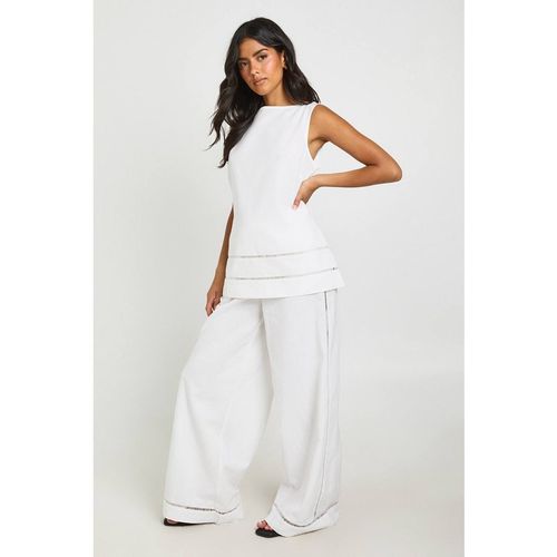 Boohoo Women's Linen Ladder Insert Boxy Top & Wide Leg Trouser Co-Ord in White
