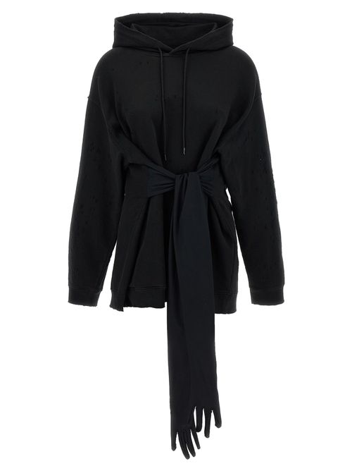 Cotton Jersey with Fringe Tie-Belt Hoodie — Black