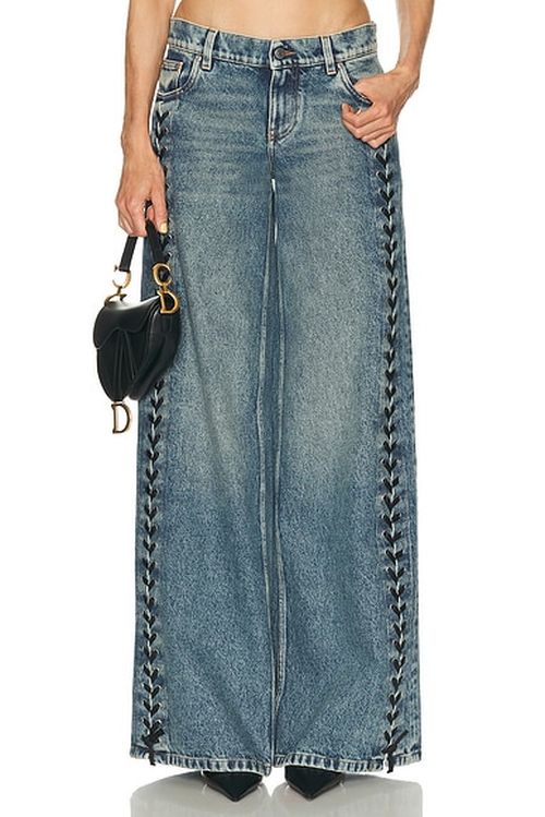 Stella McCartney Laced Denim Wide Leg in Mid Blue - Blue. 26 also , 28