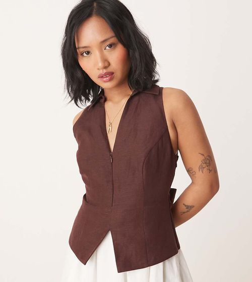 2-in-1 collared midaxi dress in chocolate and ivory-Yellow