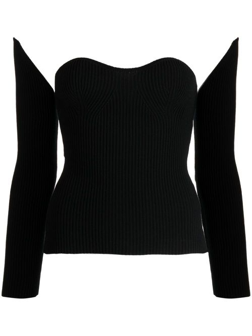 Detachable-sleeve ribbed-knit top - Black