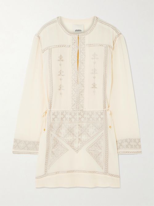 Mini-robe En Crêpe De Chine De Soie À Broderies Et À Liens Oaria - Écru