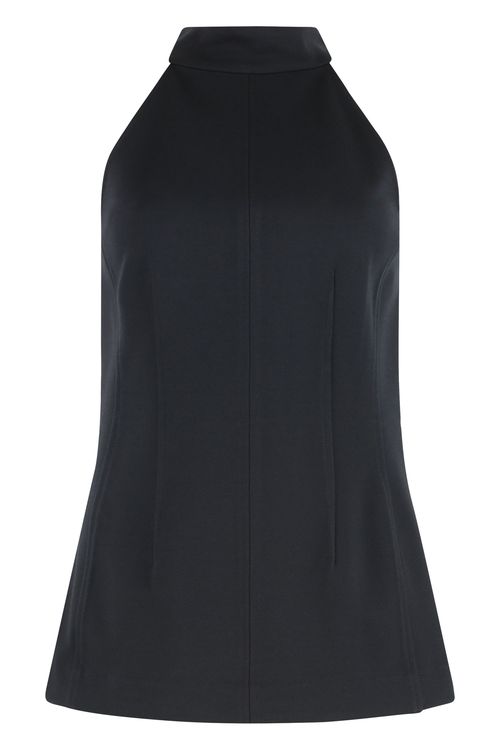 Johanne Black Stretch Knit Top Elegant American Neckline with Back Zip