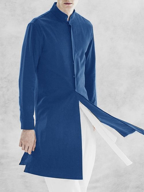 Mens Solid Stand Collar Cotton Muslim Robe SKUK28891 - Dark Blue / S