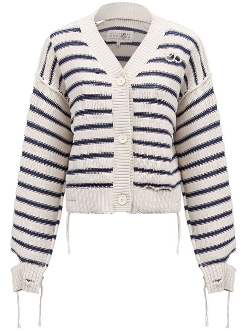 Striped cotton knit cardigan - White