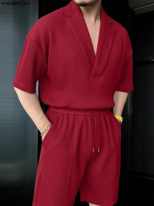 Men's Solid Color Textured Two Pieces Outfit SKUL50576 - Red / S