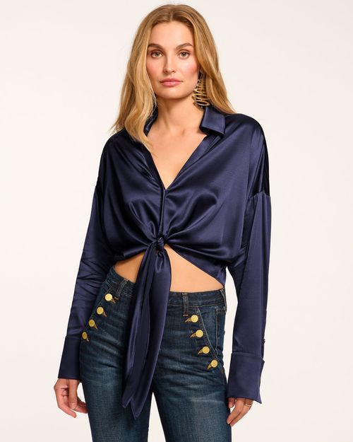 Farrah Silk Tie-Front Blouse Navy in Navy