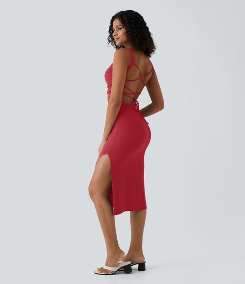 Ruched Lace Up Bodycon Midi Casual Dress Casual Dress - Winterberry