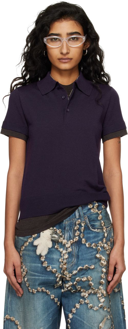 Navy Layered Wool Knit Polo