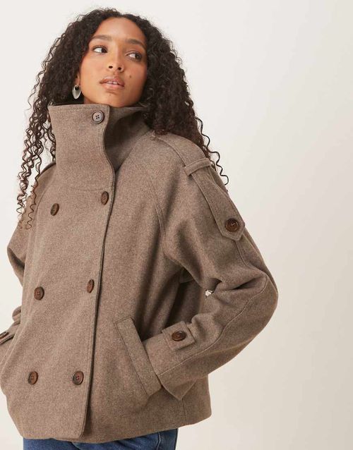 Formal cropped trench coat in mushroom melange-Brown