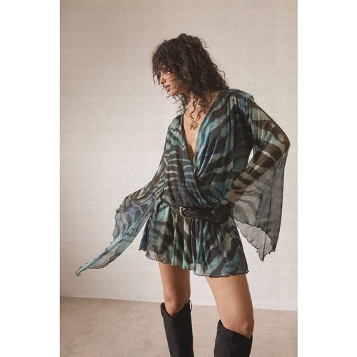 Boohoo Women's Blurred Animal Print Mesh Bell Sleeve Mini Dress in Blue