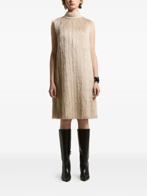 Fringed High-Neck Dress — Beige