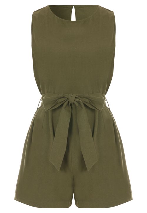 Womens Green Tie Waist Cotton Playsuit