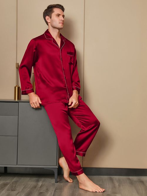 100% Mulberry Silk Long Sleeve Notch Collar Men's Pajamas Set with Button Up Design