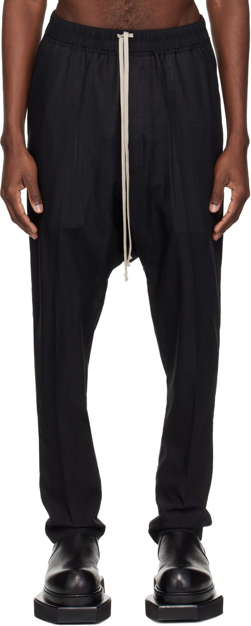 Black Temple Drawstring Slim Long Trousers