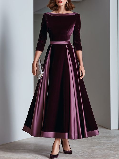 Satin Trim Bateau Neck Velvet A-Line Midi Dress - Burgundy