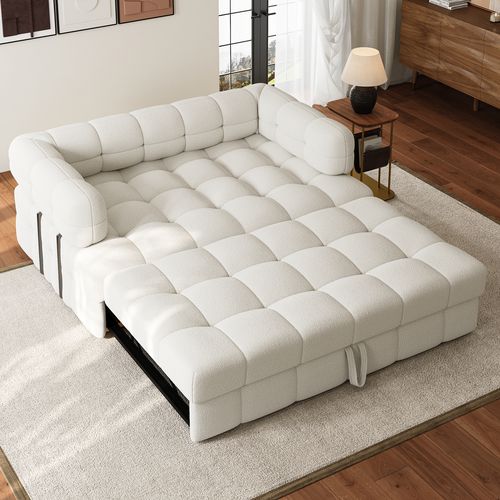 170 cm Boucle Convertible Pull out Sofa Bed Couch 2 Seater White Queen Sleeper Couch with Storage