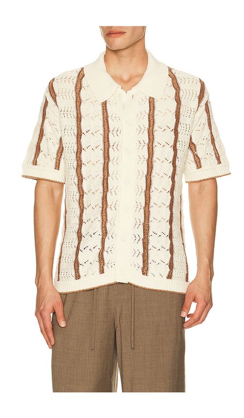 Central Park West Novelty Stitch Button Down Shirt in Brown. L. Also in M, S, XL/1X