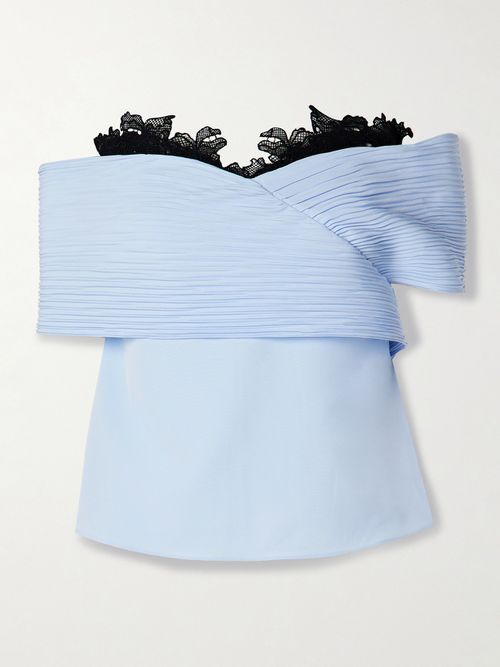 Penelope Off-the-shoulder Guipure Lace-trimmed Plissé-crepe De Chine Top - Blue