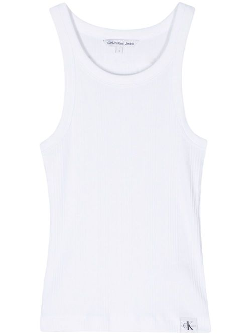 Calvin Klein Jeans Fein geripptes Tanktop mit Logo-Patch - Weiß