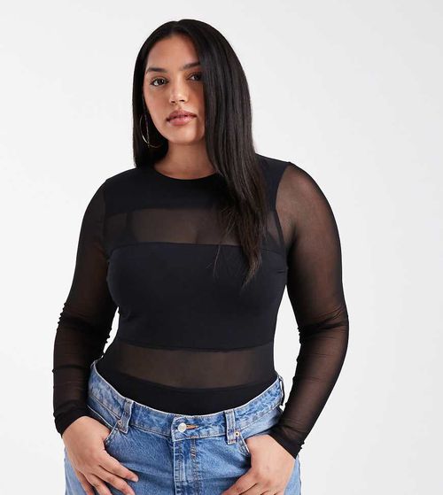 ASOS DESIGN Curve mesh mix paneling long sleeve bodysuit in black