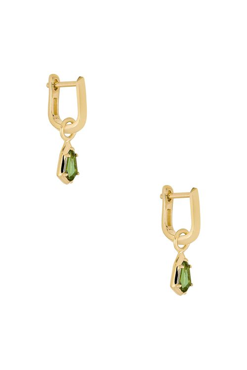 STONE AND STRAND Knife Edge Shield Drop Hoop Earrings in 14k Yellow Gold & Green Tourmaline - Metallic Gold. a