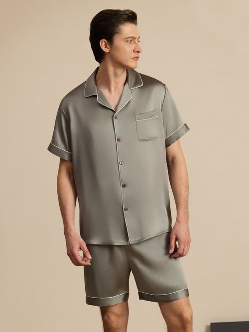 Pure Silk Short Sleeve Notch Collar Men's Pajamas Set with Shorts