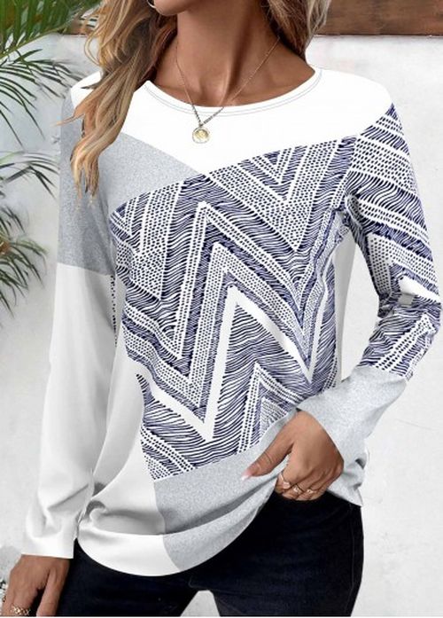 Modlily White Patchwork Geometric Print Long Sleeve T Shirt