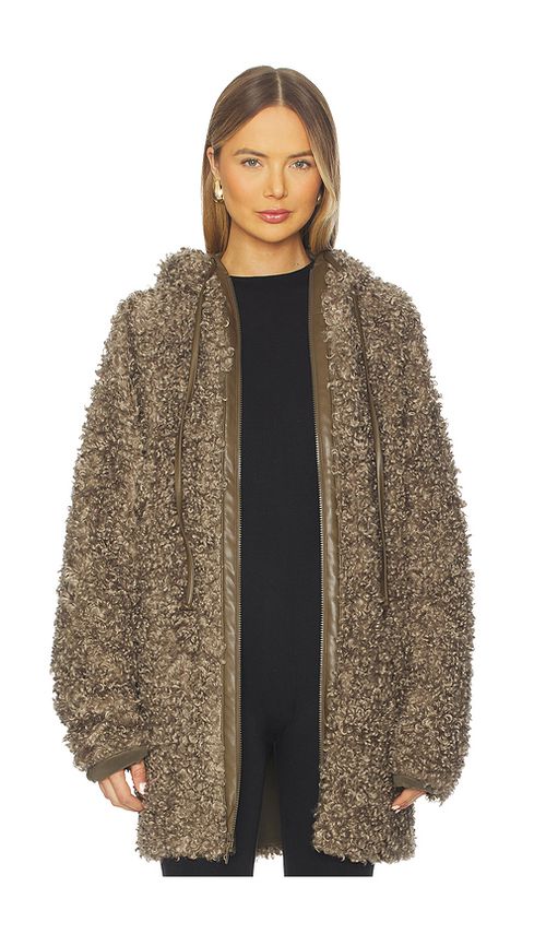 Norma Kamali Oversized Raglan Sleeve Zip Front Hooded Jacket in Olive. XS. Also in XXS, S