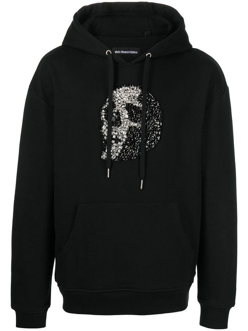 Crystal-skull drawstring hoodie - Black