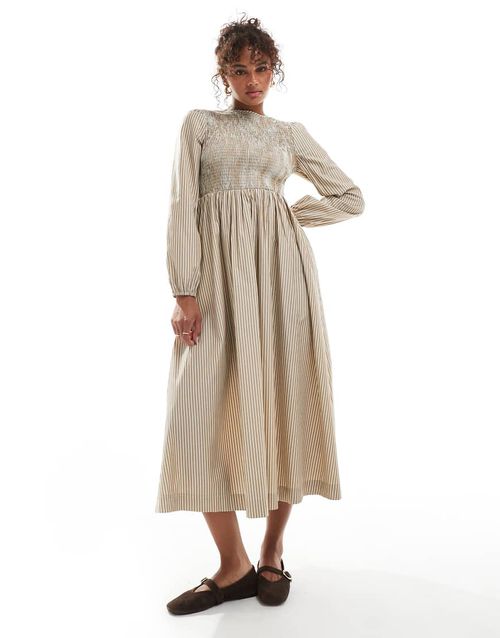 Shirred bodice long sleeve midaxi dress in natural stripe-Neutral