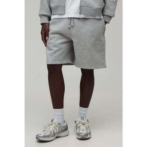 BoohooMAN Mens Heavyweight Embroidered Baggy Short - Grey Cotton - Sma
