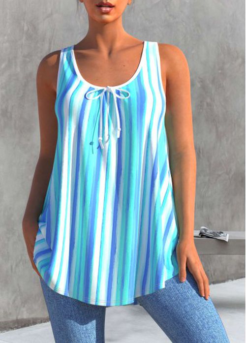 Modlily Striped Bowknot Sky Blue Tank Top
