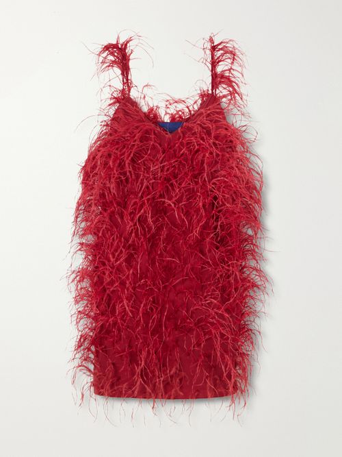 Sara Feather-trimmed Silk-crepe Mini Dress - Red