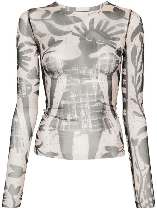 Graphic-print mesh T-shirt - Neutrals