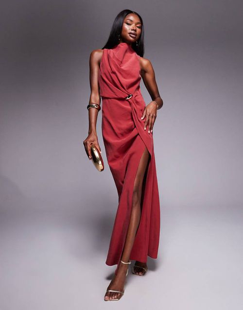 Asymmetric neckline maxi dress with hardware trim in dark red
