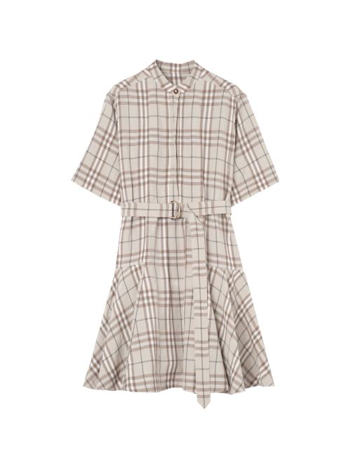 Check Linen Blend Dress — Beige