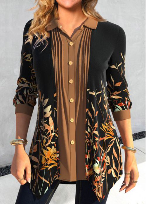 Modlily Black Fake 2in1 Leaf Print Long Sleeve Blouse